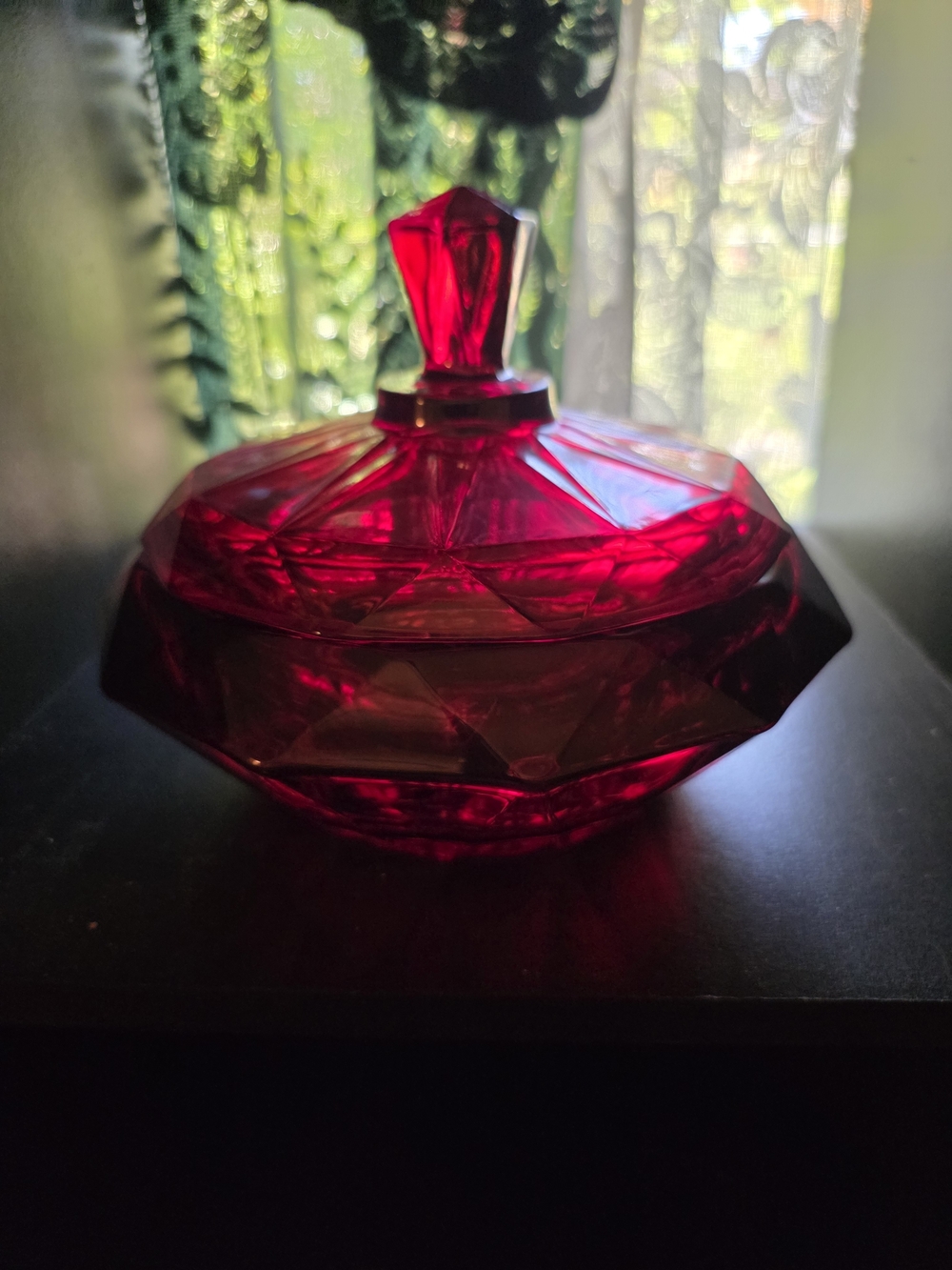 Ruby Red Faceted Glass Decorative Jar with Lid